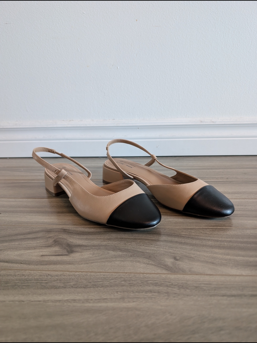 Call It Spring Beige and Black Two-Tone Slingback Low Block Heel